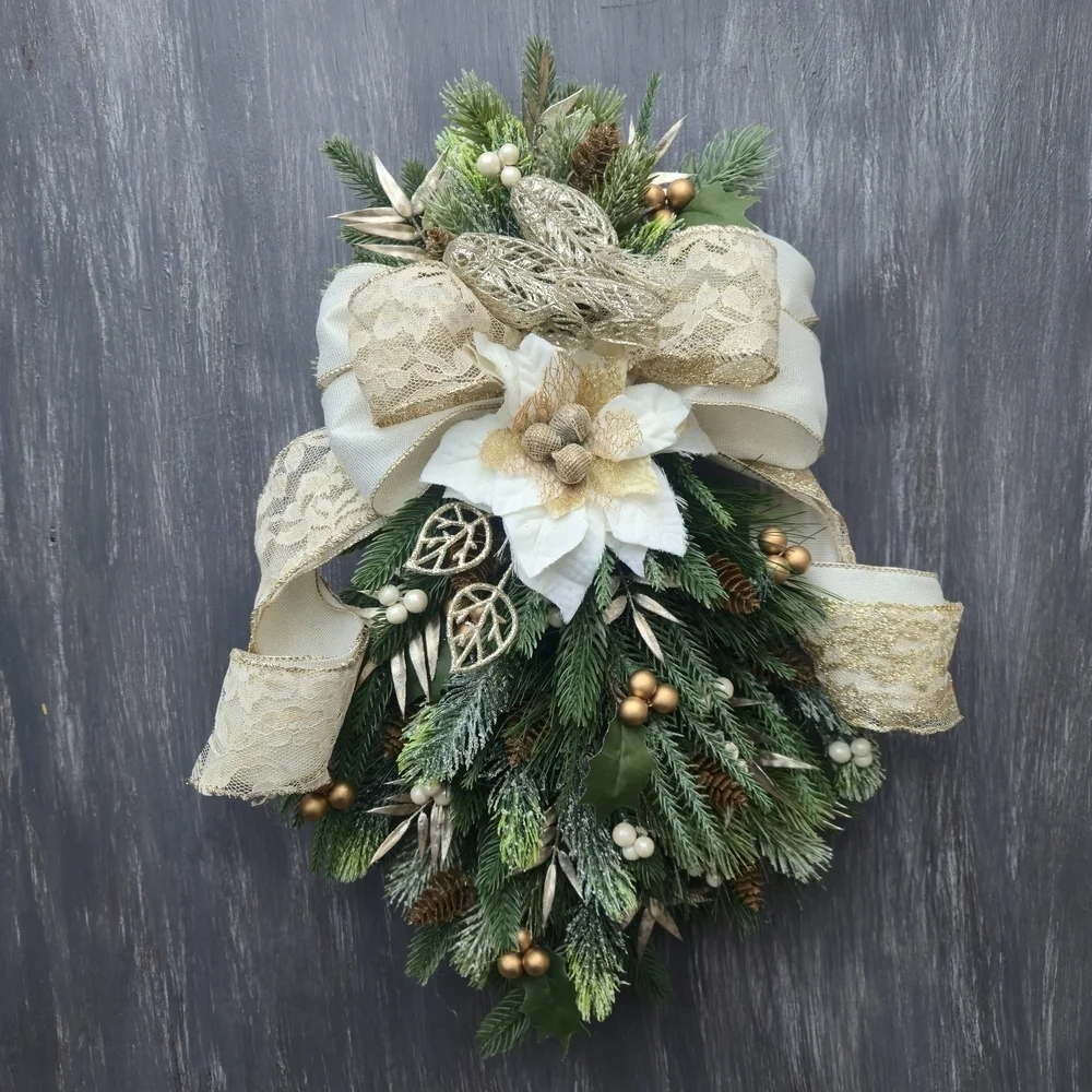 Handmade Elegant Champagne,Gold, Beige and Green Holiday Swag Wreath Door Hanger